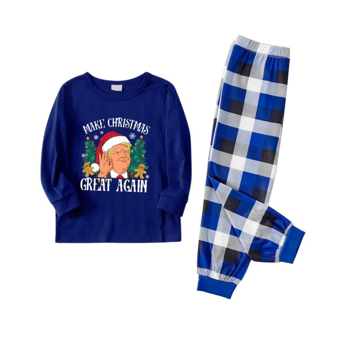 "MERRY CHRISTMAS GREAT AGAIN" Letter Printed Blue and White Plaid Family Pajamas Sets