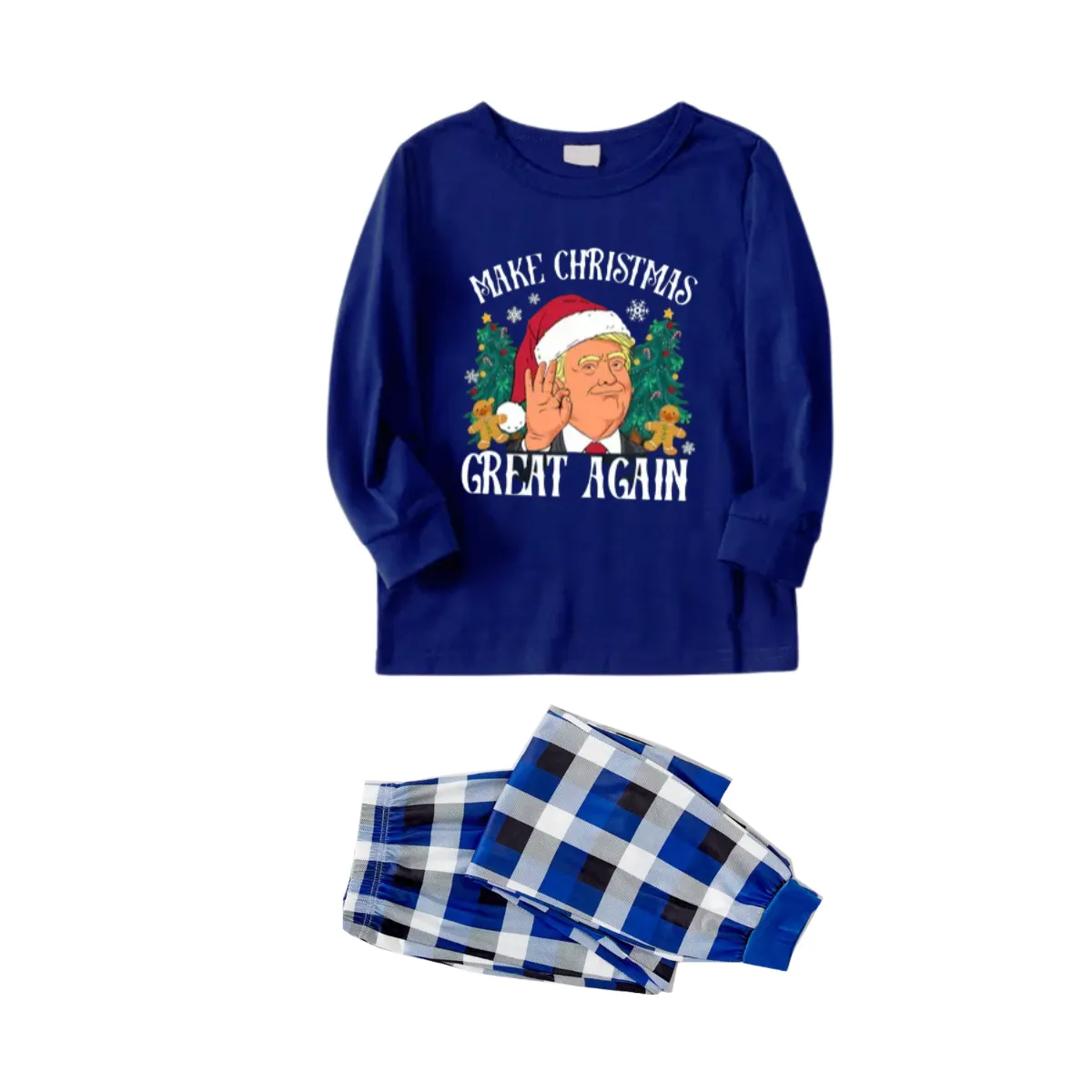 "MERRY CHRISTMAS GREAT AGAIN" Letter Printed Blue and White Plaid Family Pajamas Sets