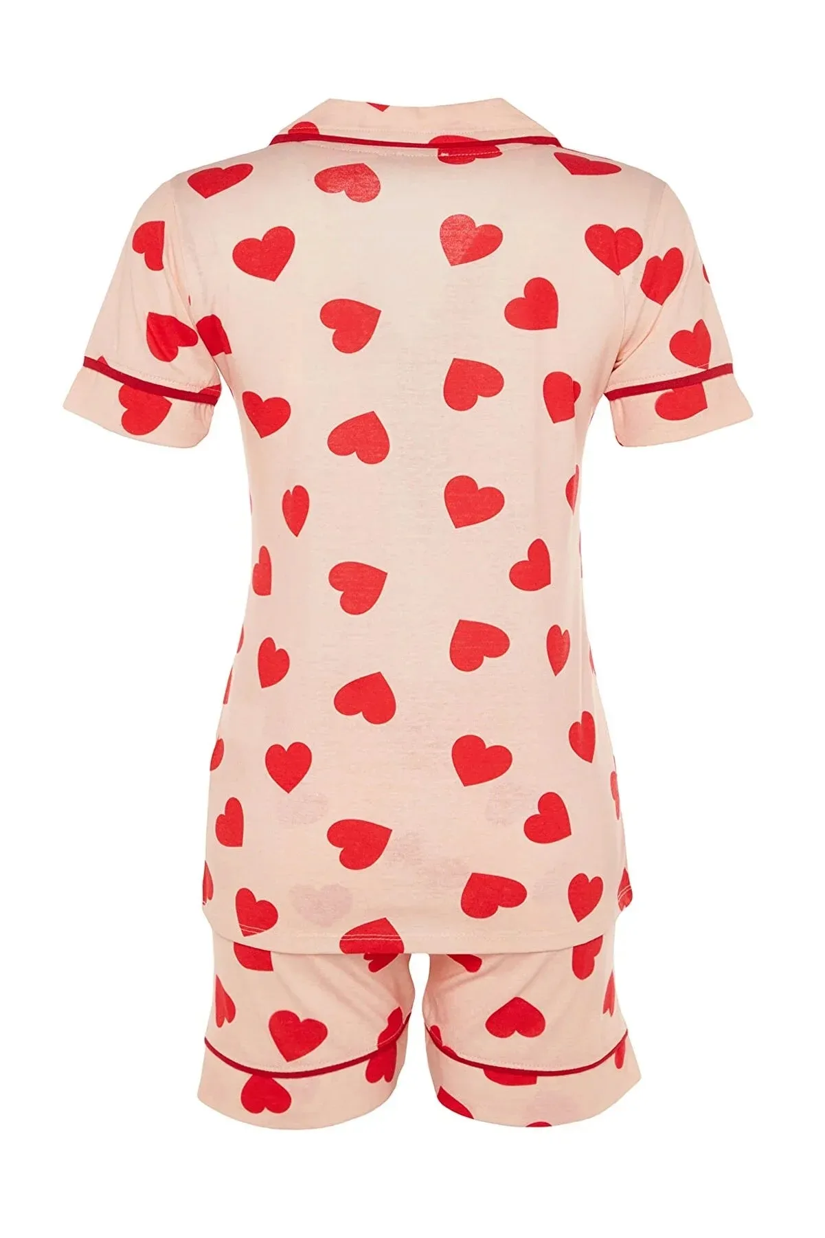 Salmon Heart Patterned Piping Detailed Cotton Shirt-Shorts Knitted Pajamas Set