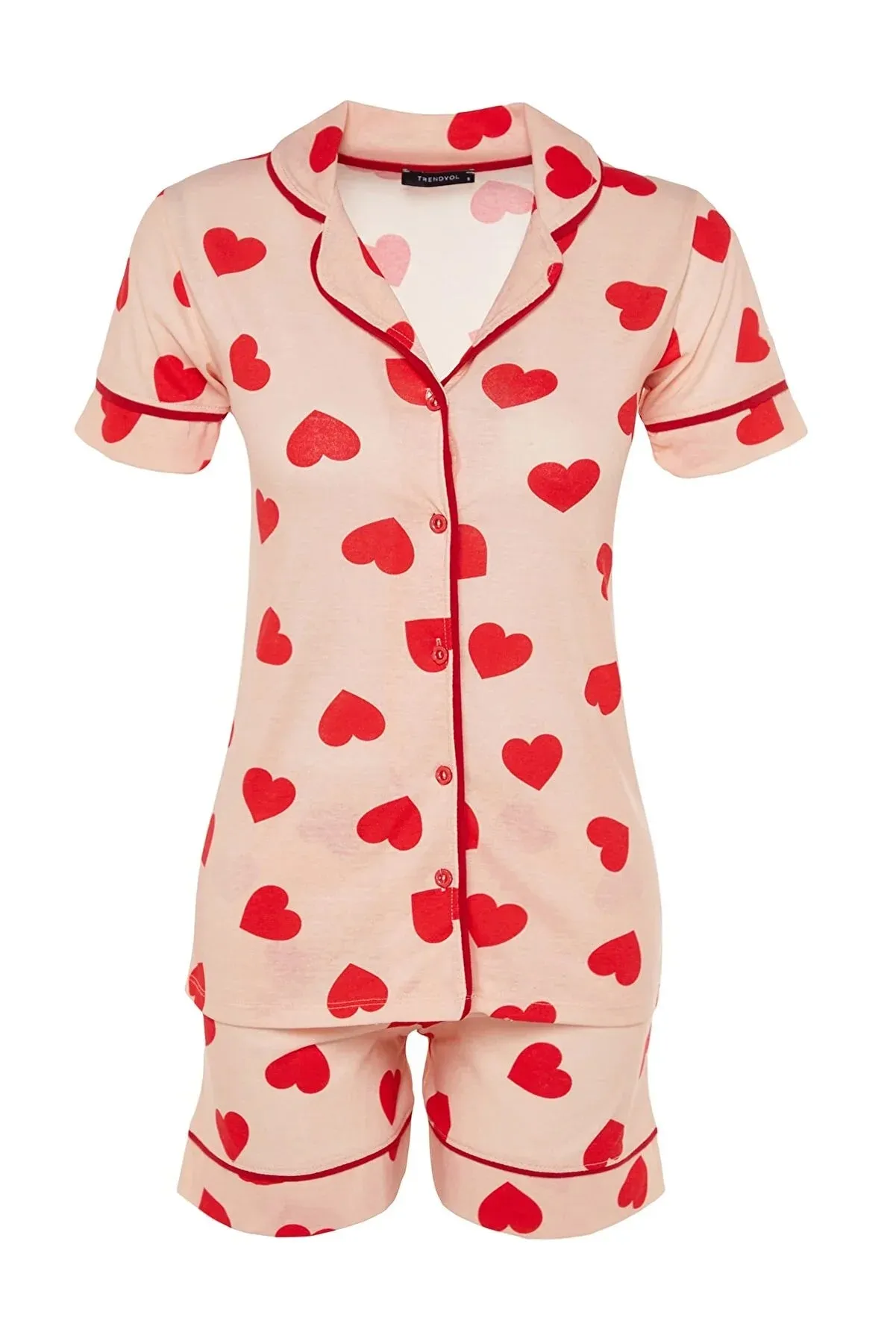 Salmon Heart Patterned Piping Detailed Cotton Shirt-Shorts Knitted Pajamas Set