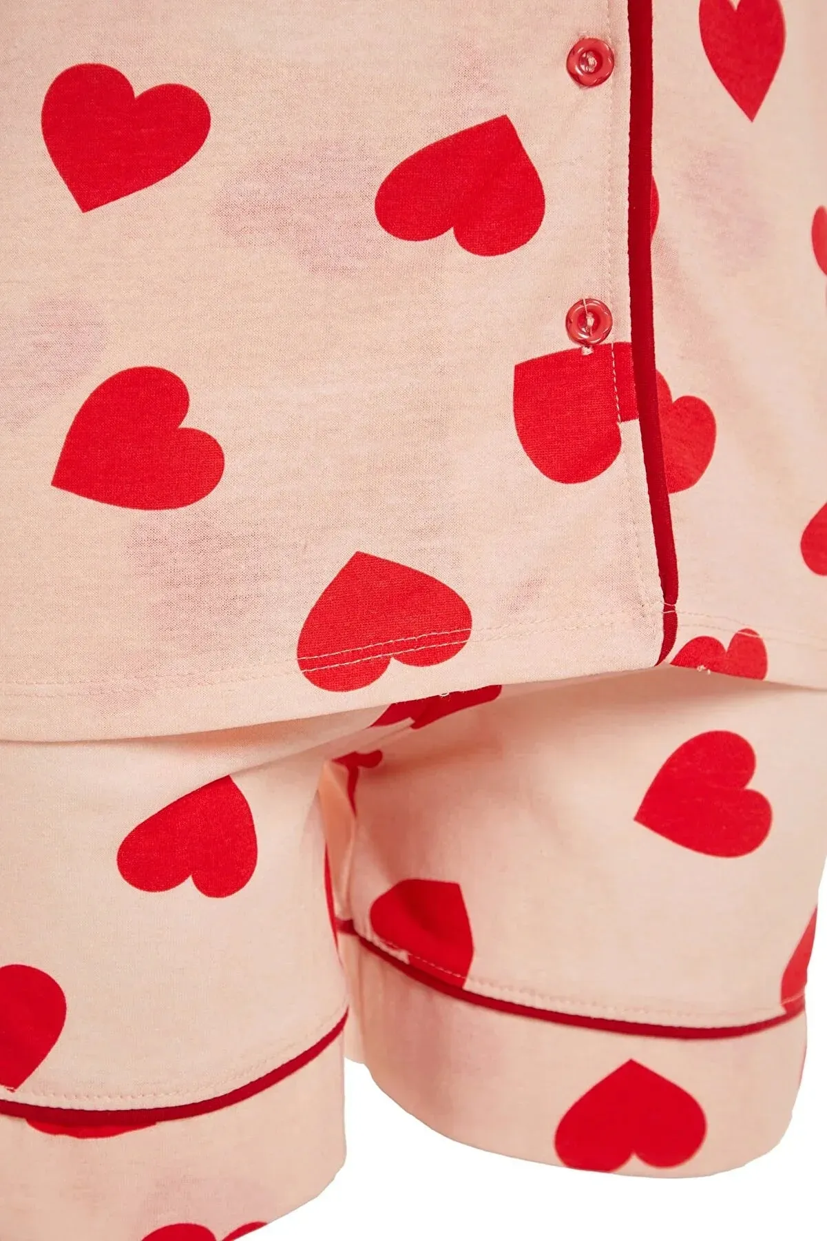 Salmon Heart Patterned Piping Detailed Cotton Shirt-Shorts Knitted Pajamas Set