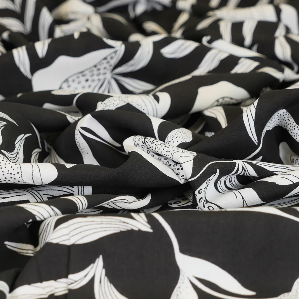 Sierra - Black Leaves Viscose Poplin Woven Fabric