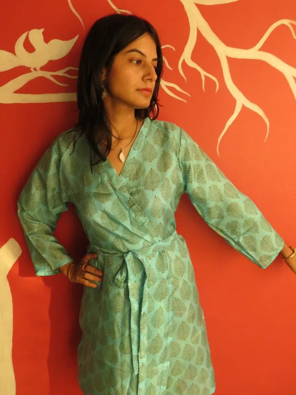 Silk Light Blue Leafy Knee Length, Kimono Crossover Belted Robe