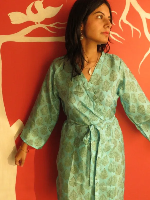 Silk Light Blue Leafy Knee Length, Kimono Crossover Belted Robe