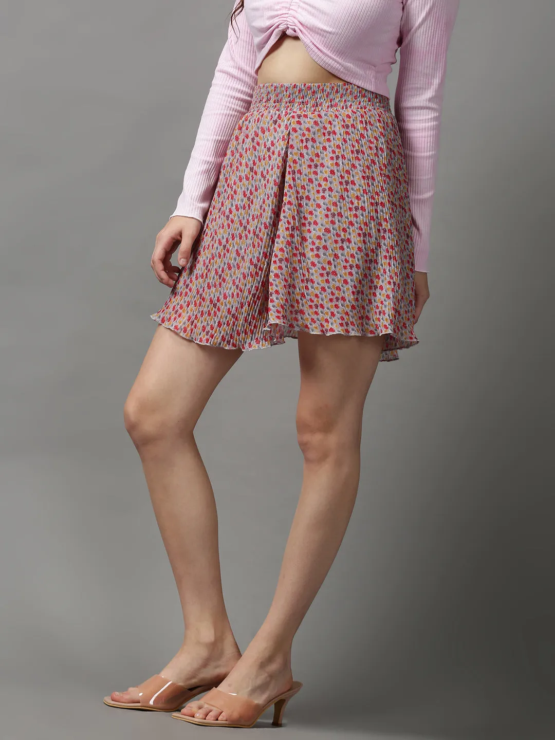 Women Floral Grey Mini Flared Skirts