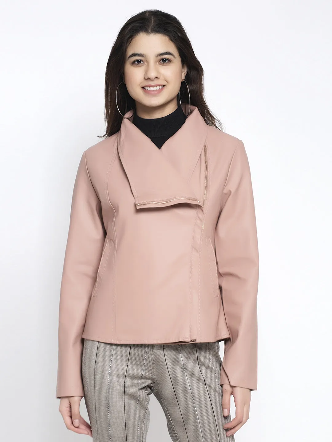 Women Pink Solid Full Sleeve Collared Neck Jacket