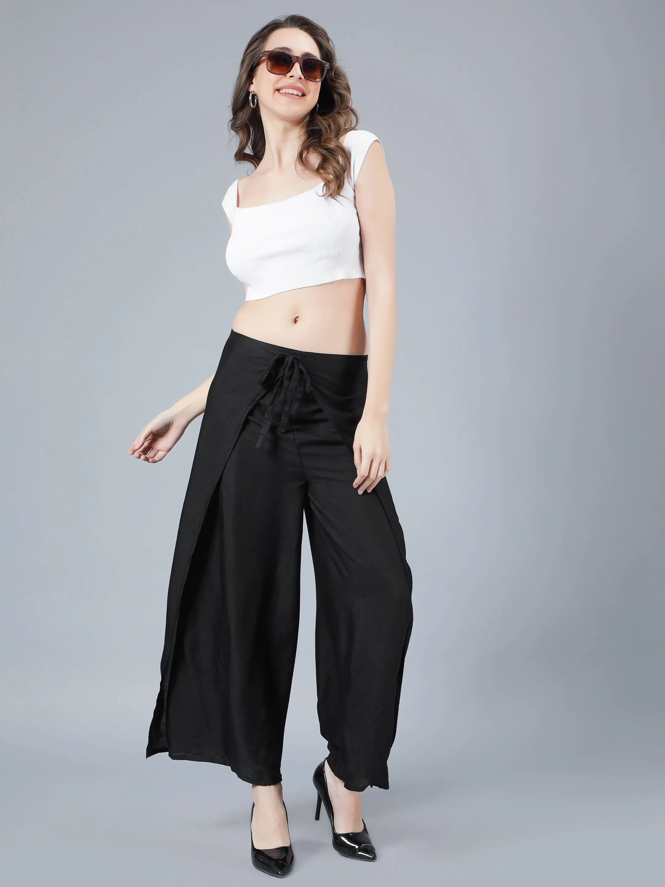 Women Solid Black Tie Wrap Pant