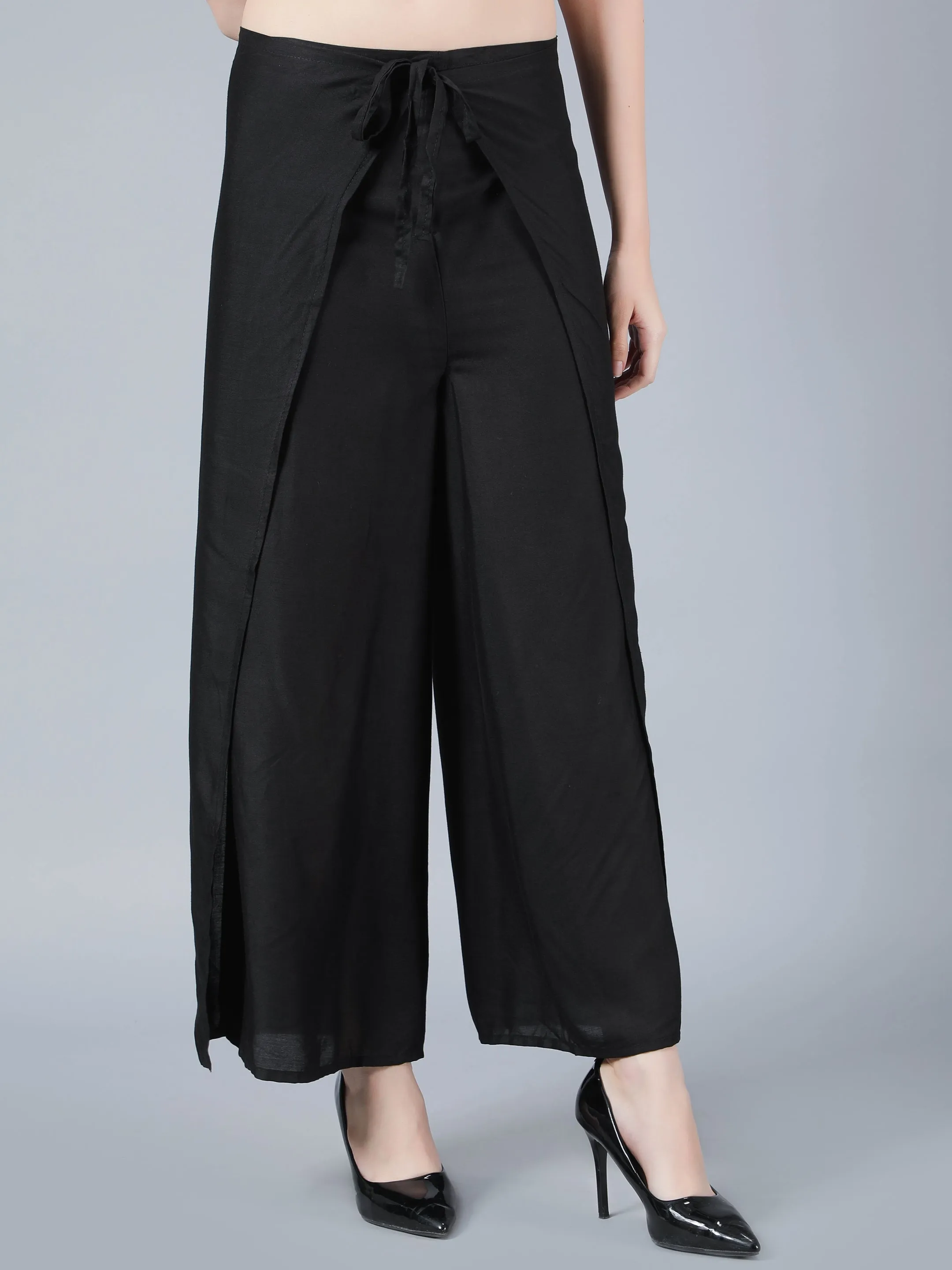 Women Solid Black Tie Wrap Pant