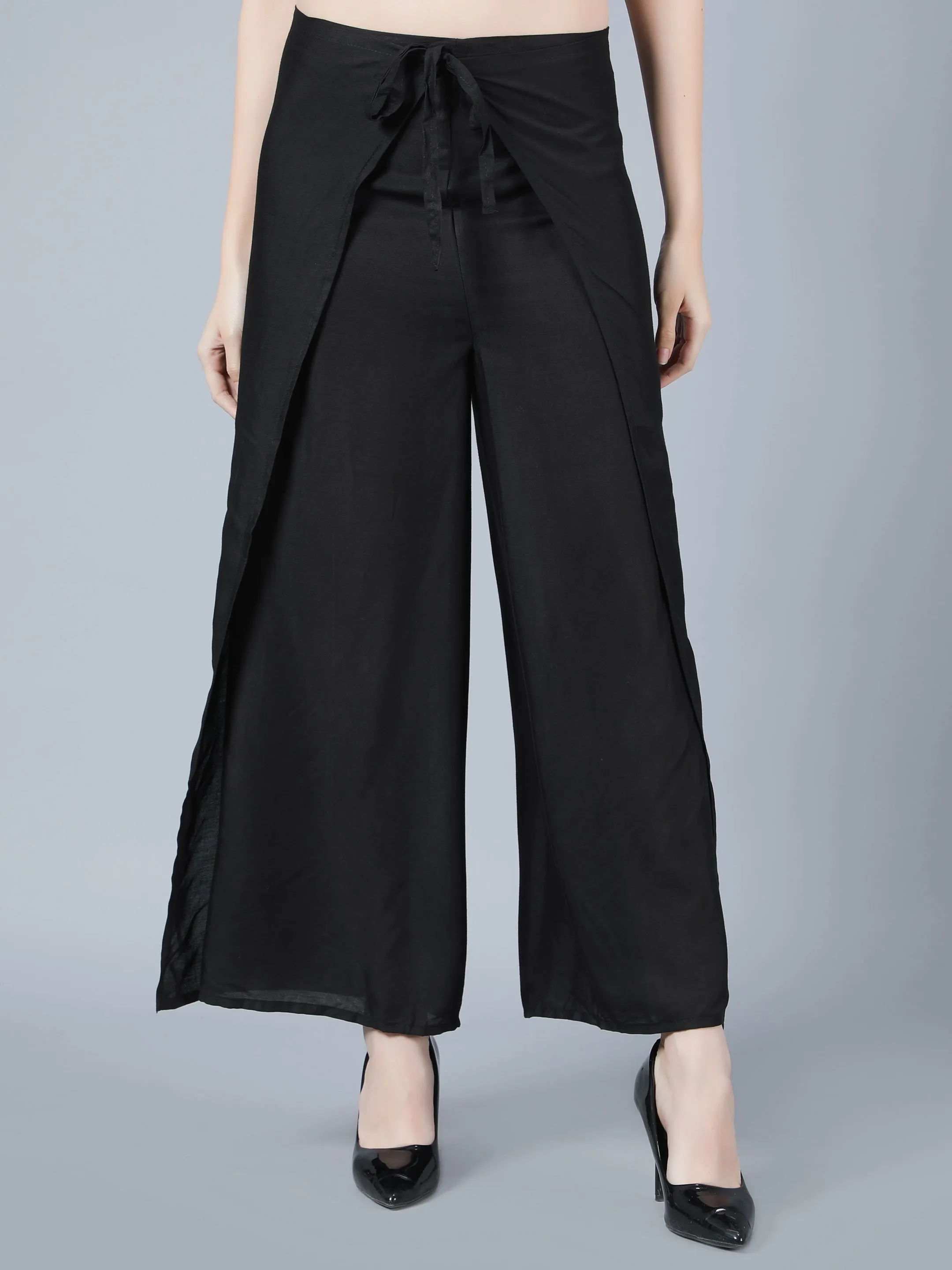 Women Solid Black Tie Wrap Pant