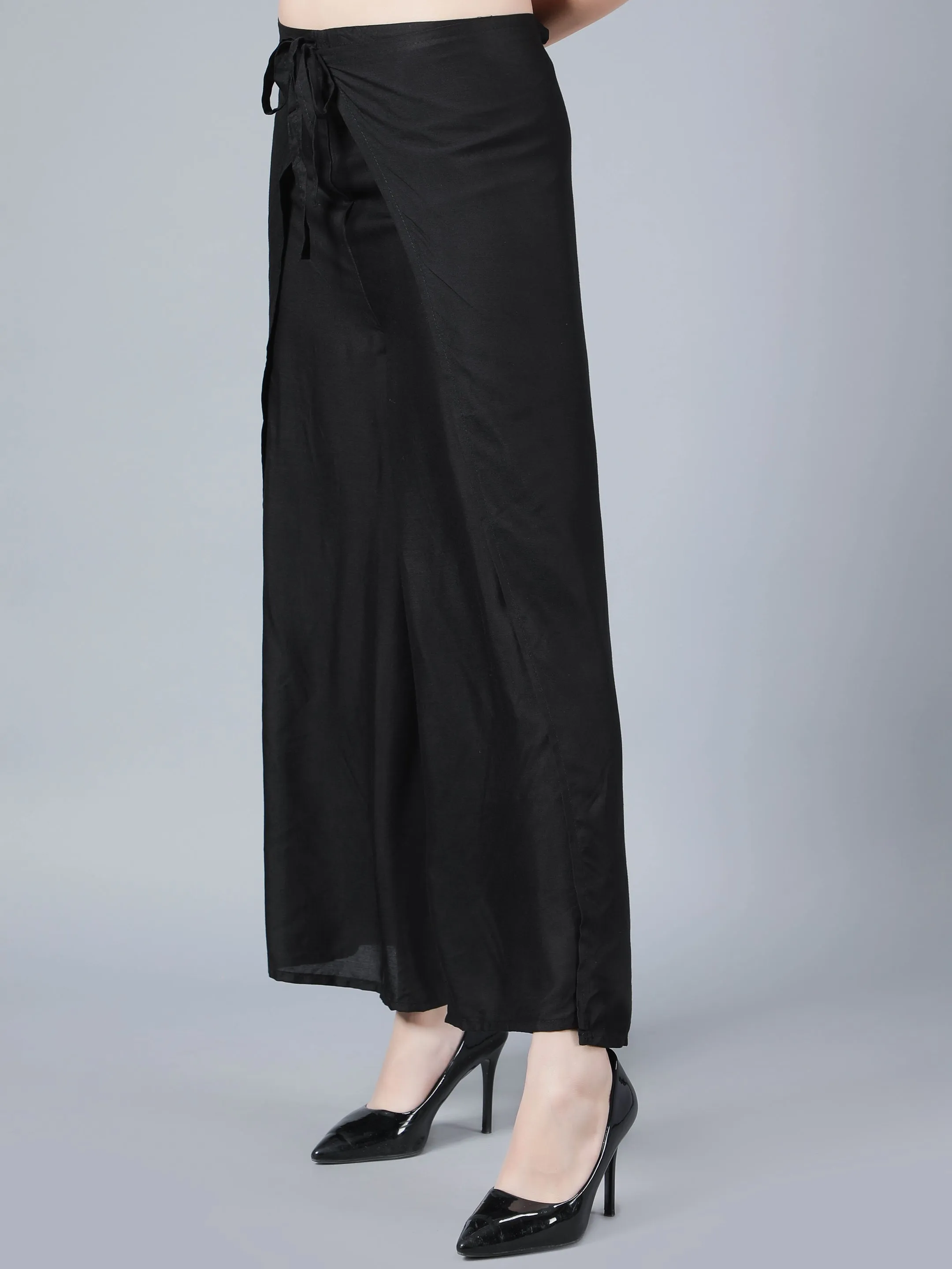 Women Solid Black Tie Wrap Pant