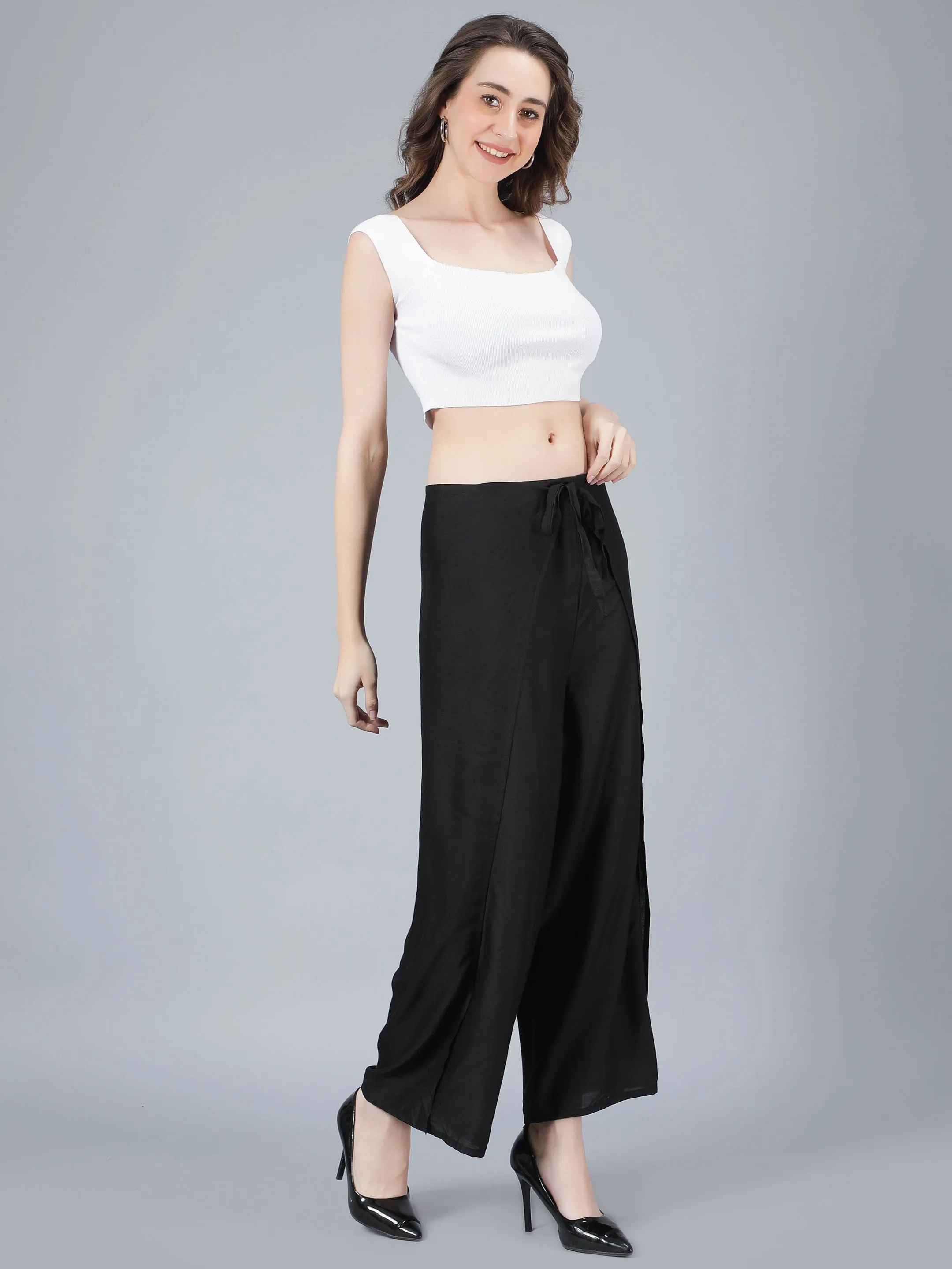 Women Solid Black Tie Wrap Pant